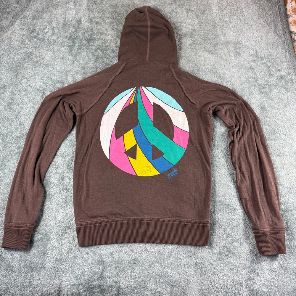 PINK VS Vintage Hoodie Full Zip Brown Peace‎ Sign Sweatshirt Size Medium